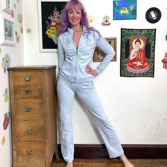 Vintage Vertigo Track Suit, y2k Baby Blue Stretch Knit Pants & Jacket Sz M - Picture 1 of 11